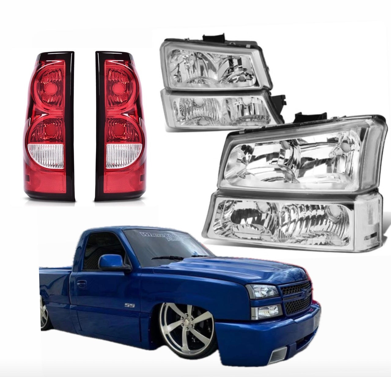 New All Clear Headlights and Stock Taillights for Chevy Silverado fits 2003 to 2006