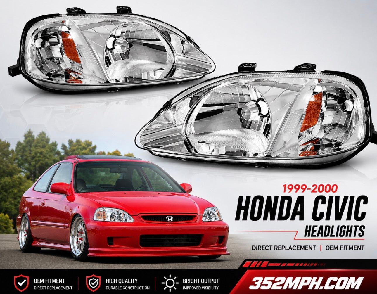 New Stock Clear Headlights for Honda Civic 1999 and 2000 Fits Coupe Sedan and Hatchback Left and Right
