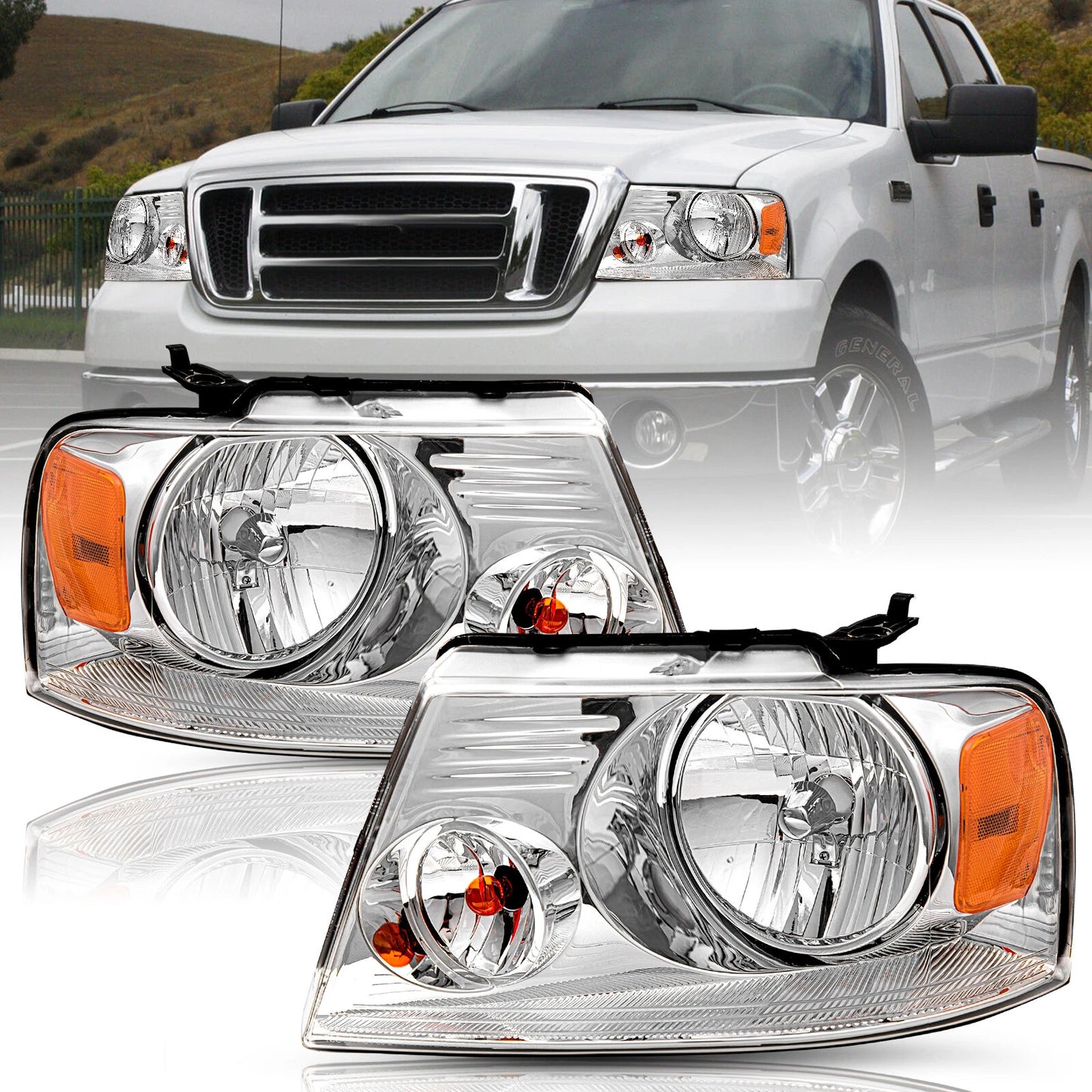 New Stock Chrome Headlights for Ford F150 Fits 2004 to 2008