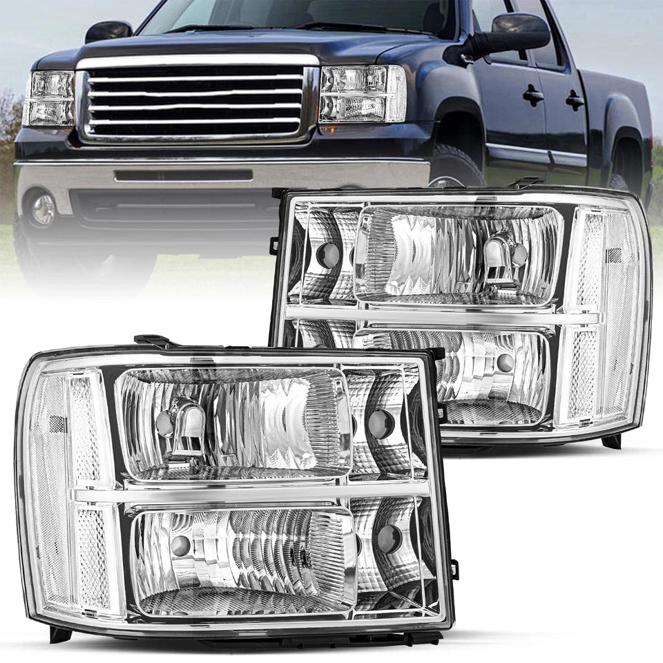 New GMC Sierra Clear Headlights 1500 2500HD 3500HD 2007 to 2013 Headlamps