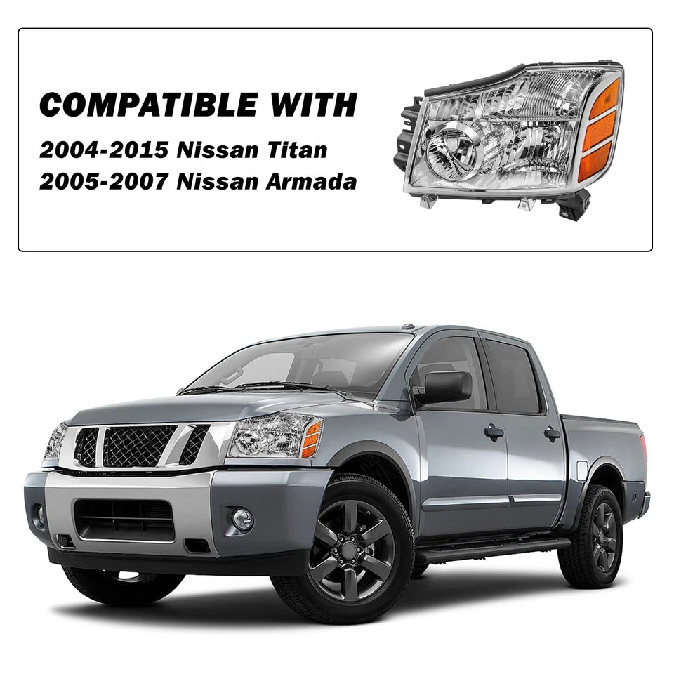 New Headlights For 2004 to 2015 Nissan Titan and 2004 to 2007 Armada Chrome Headlights Assembly Lamps Pair