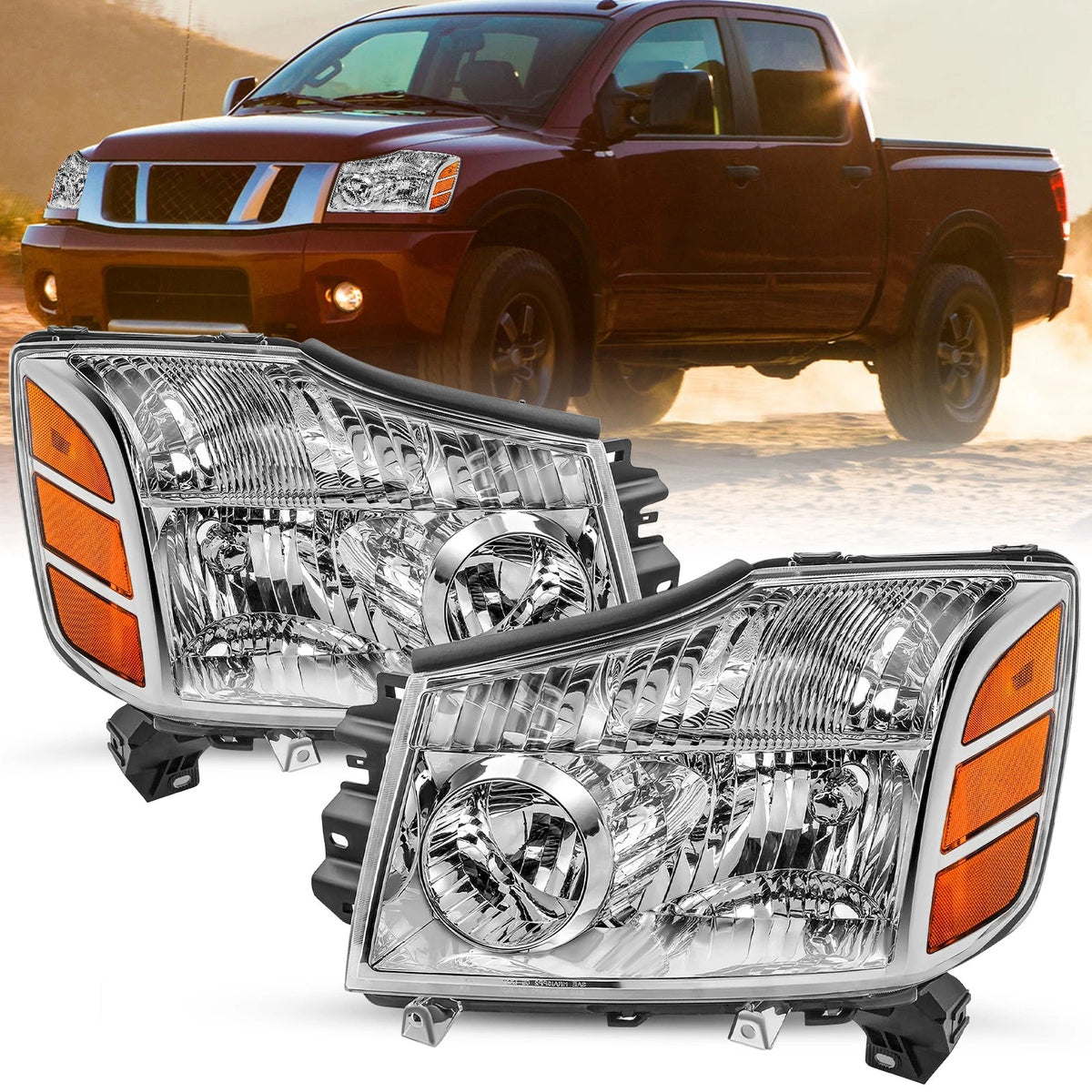 New Headlights For 2004 to 2015 Nissan Titan and 2004 to 2007 Armada Chrome Headlights Assembly Lamps Pair