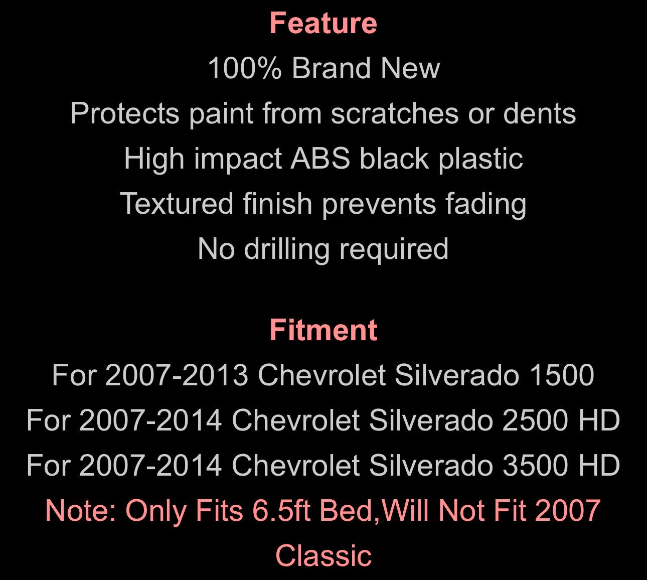 Bed Rail Caps W/Holes Side Cover For Silverado 1500/2500/3500 2007-2013 6.5ft + Tailgate Cover